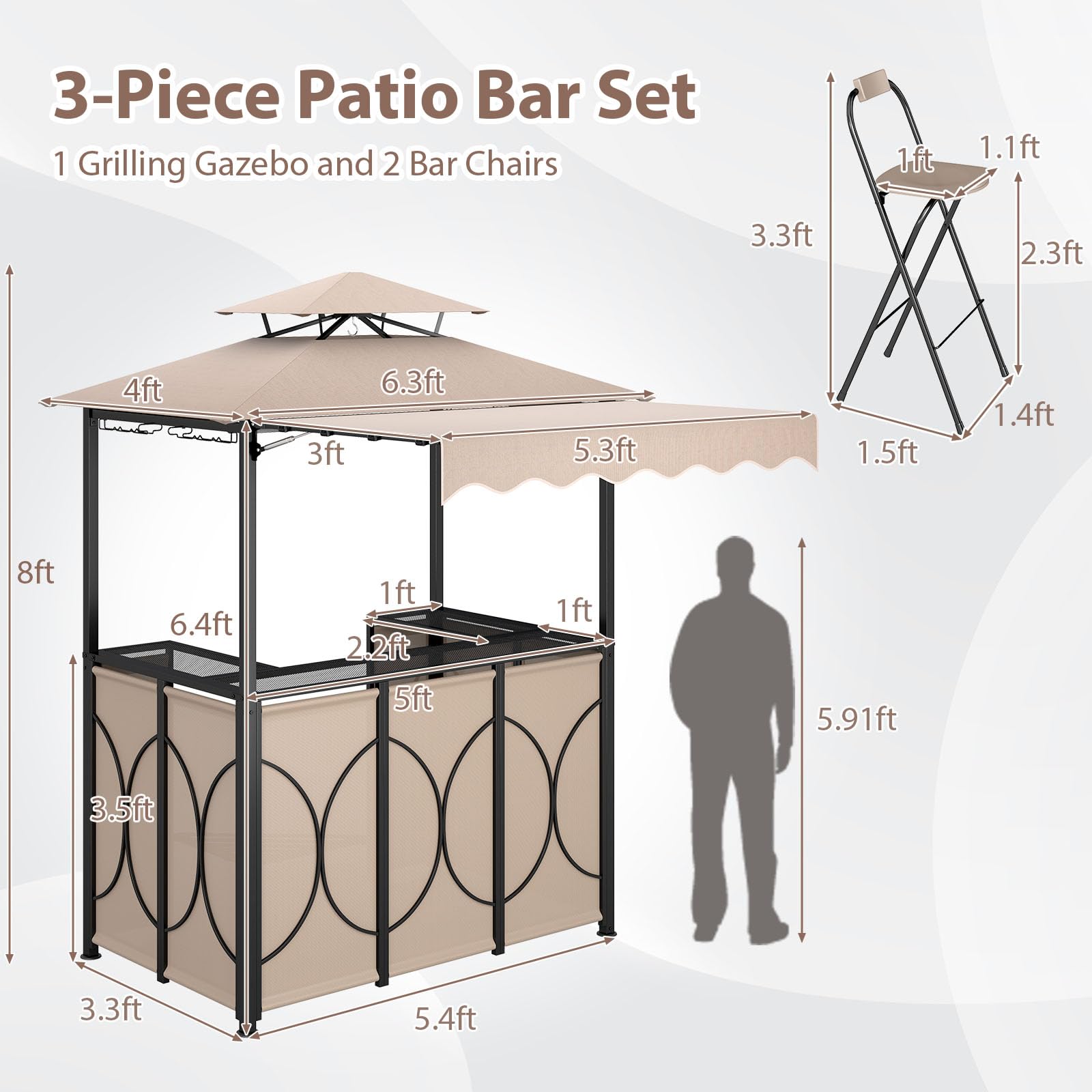 3-Piece Patio Bar Set with Awning