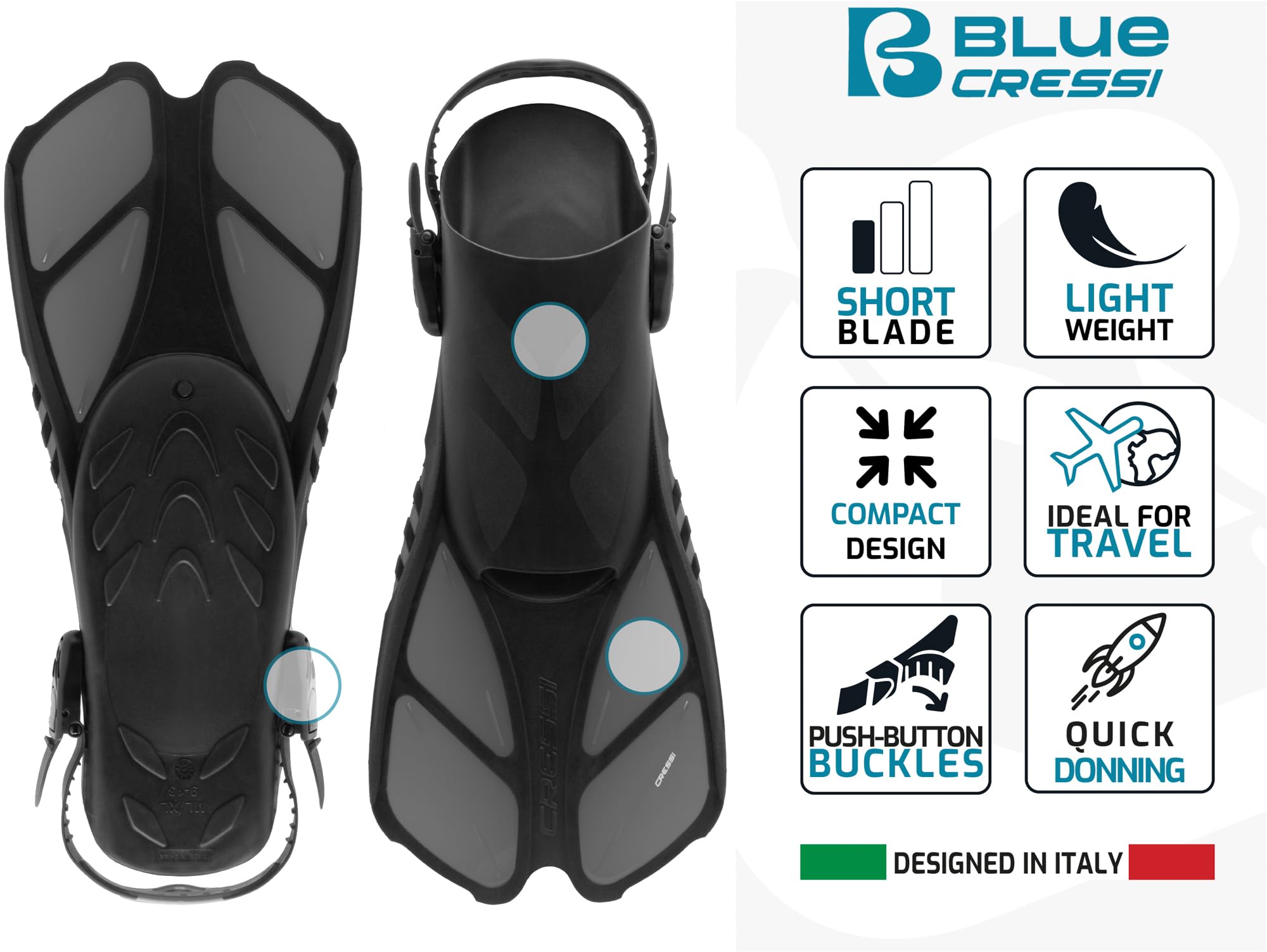 Cressi Adult Snorkel Set (Mask, Dry Snorkel, Adjustable Fins) - Light for Travel - Ocean Set: Designed in Italy
