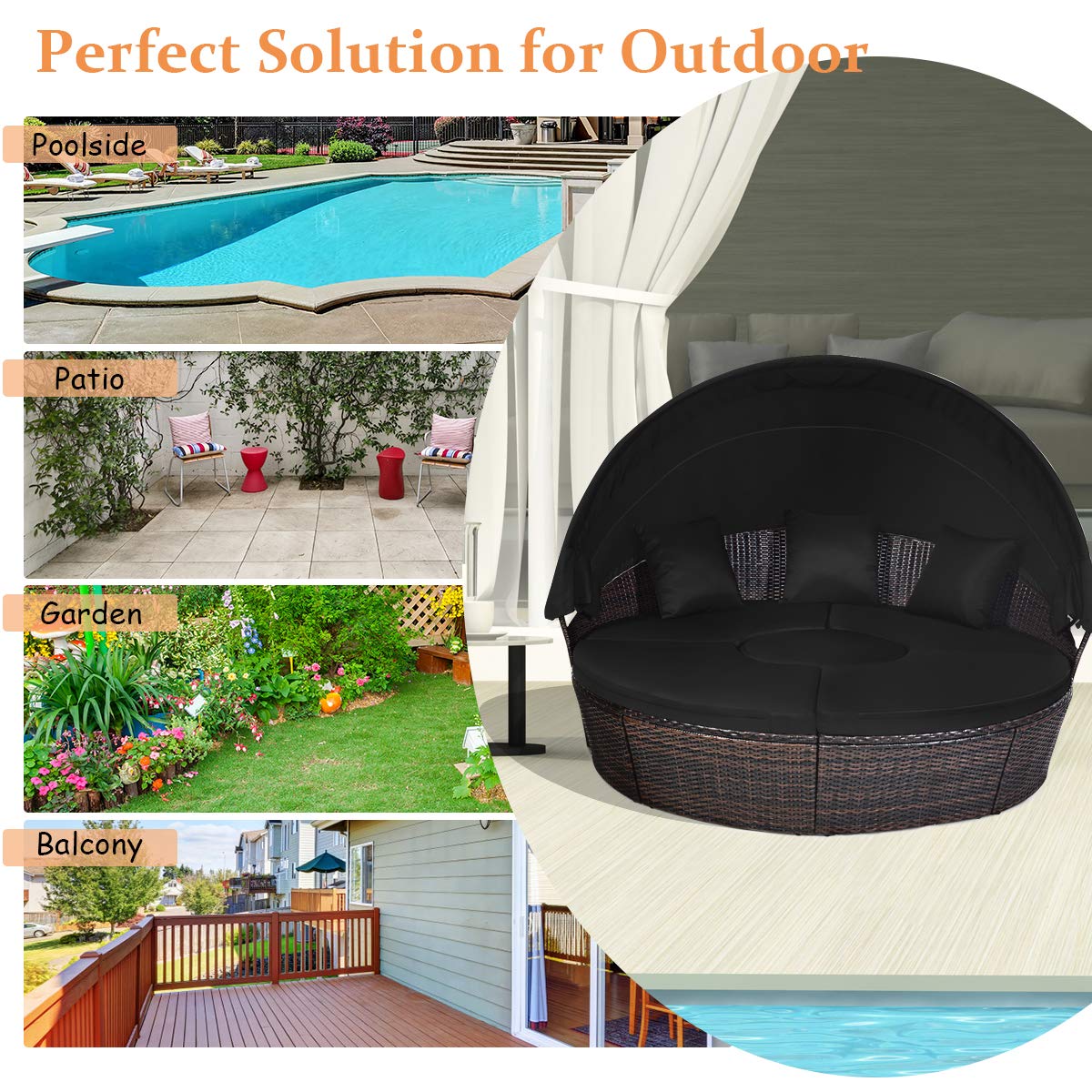 Round Outdoor Daybed Set with Canopy