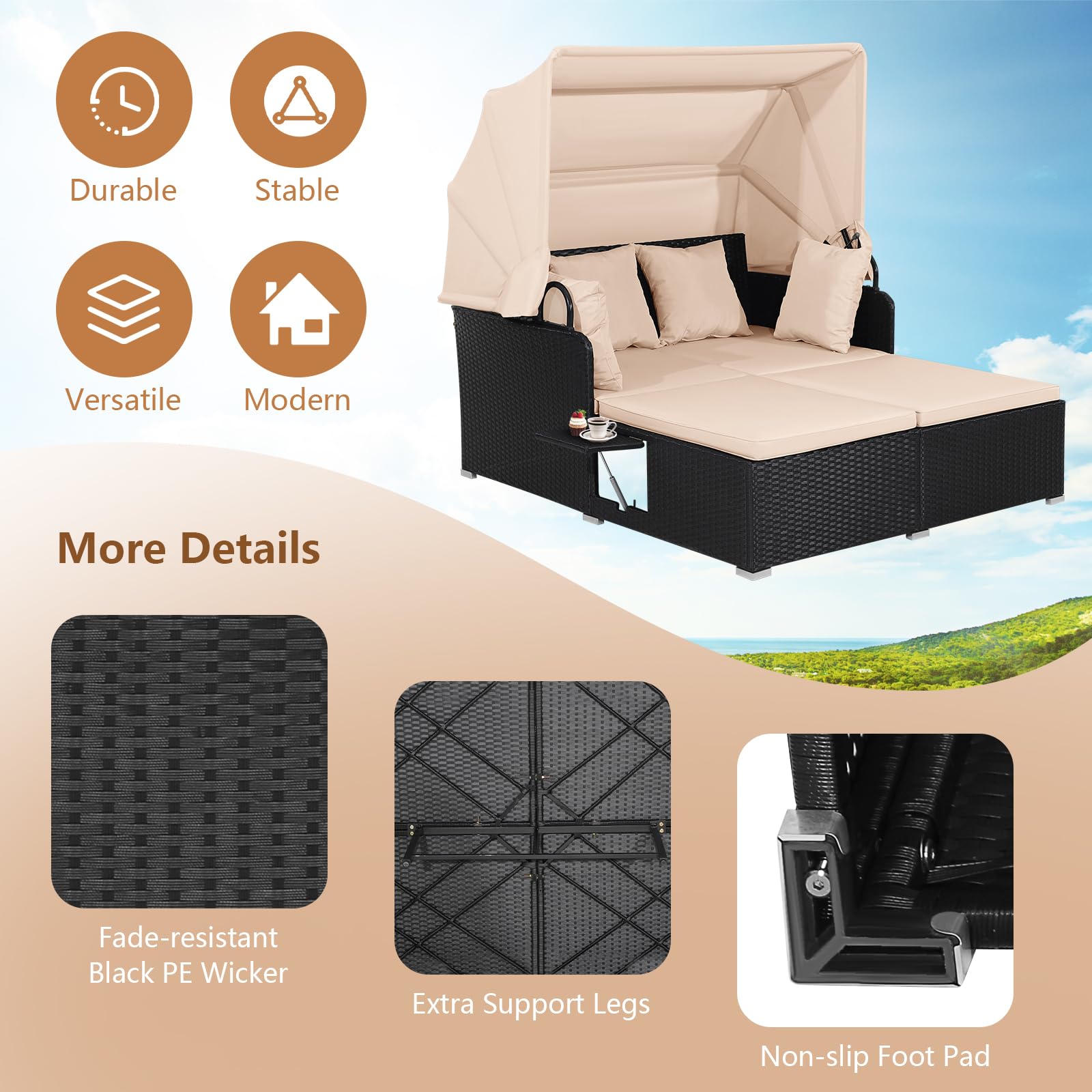 Outdoor Rattan Daybed with Canopy