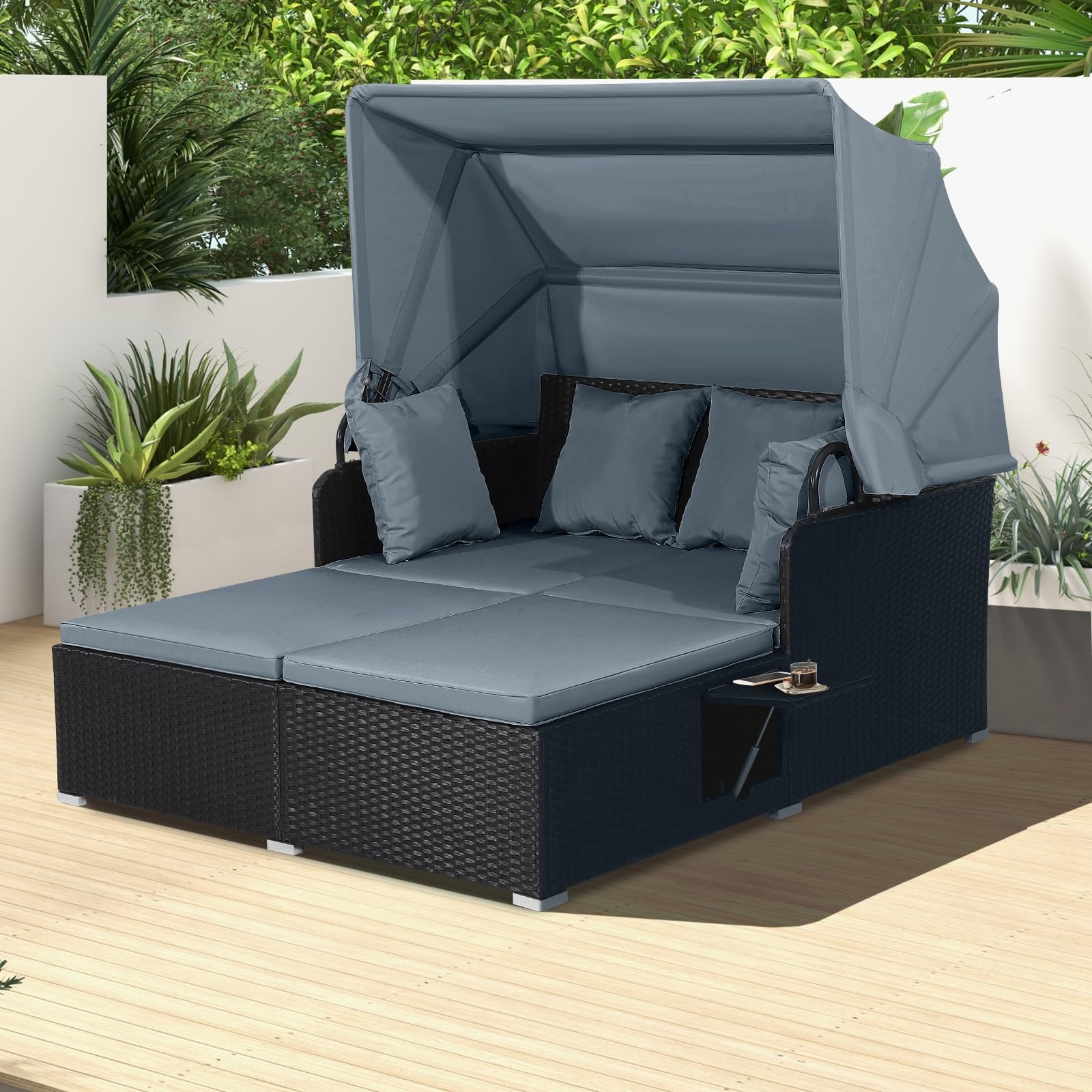 Outdoor Rattan Daybed with Canopy